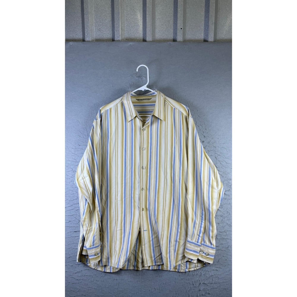 Tommy Bahama Button Down Shirt Mens XL Yellow Excellent 100% Silk Striped LS